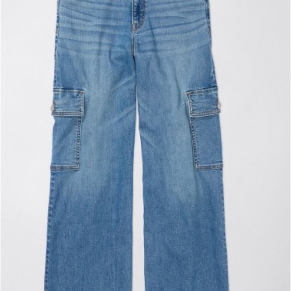 America Eagle Dreamy Drape High Waist Denim Cargo Jeans 16 Short